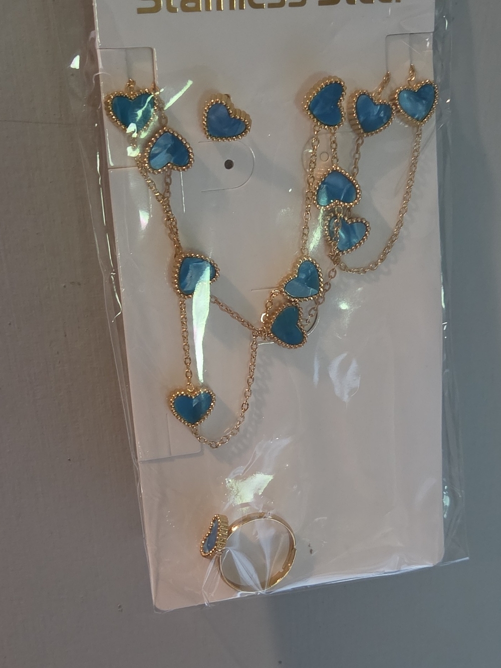 Gold-Tone Blue Heart Necklace & Ring Set